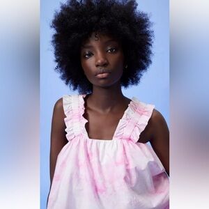 New Zara Womens M Pink Cotton Candy Tie Dye Ruffle Poplin Crop Tank Top
